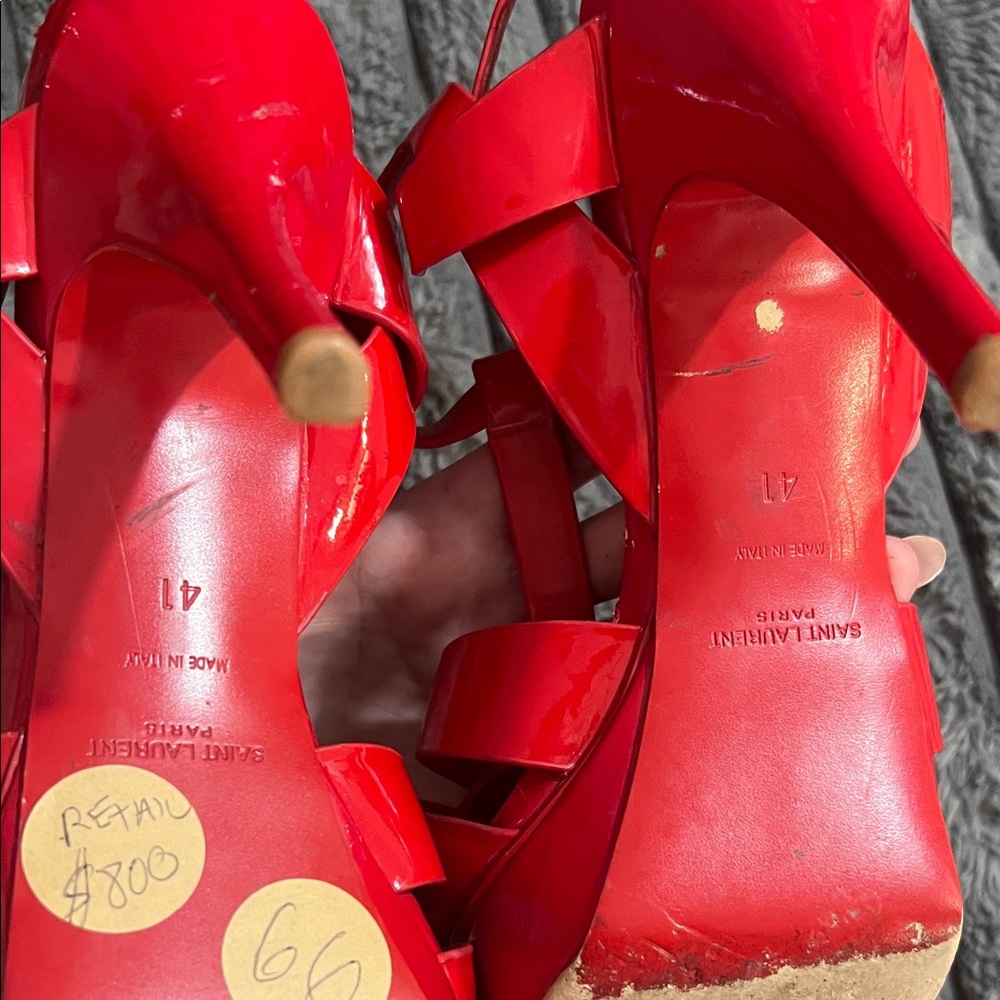 YSL Saint Laurent Red Patent Strappy Platform Heels - Picture 9 of 13